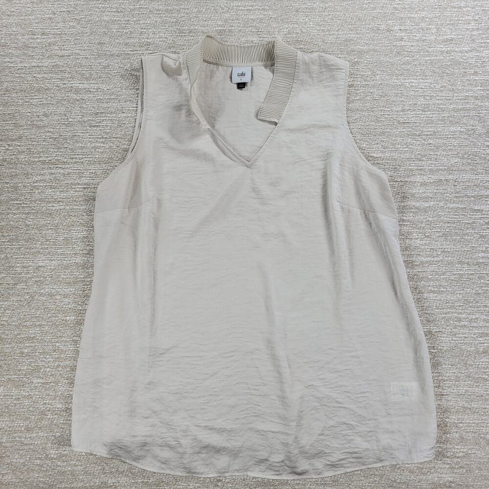 CAbi Snapshot Satin‎ Top Womens Large Ivory Pleated Collar V-Neck Tank Shirt